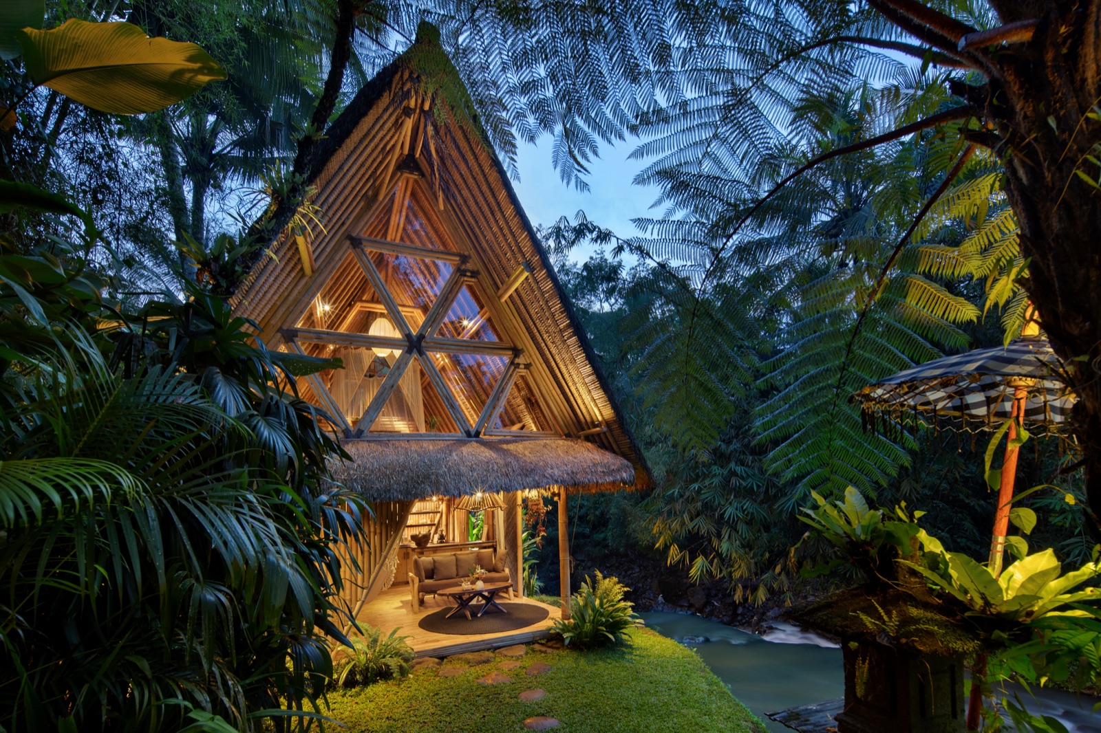 hideout bali, the original two-story bamboo treehouse by the river, East Bali