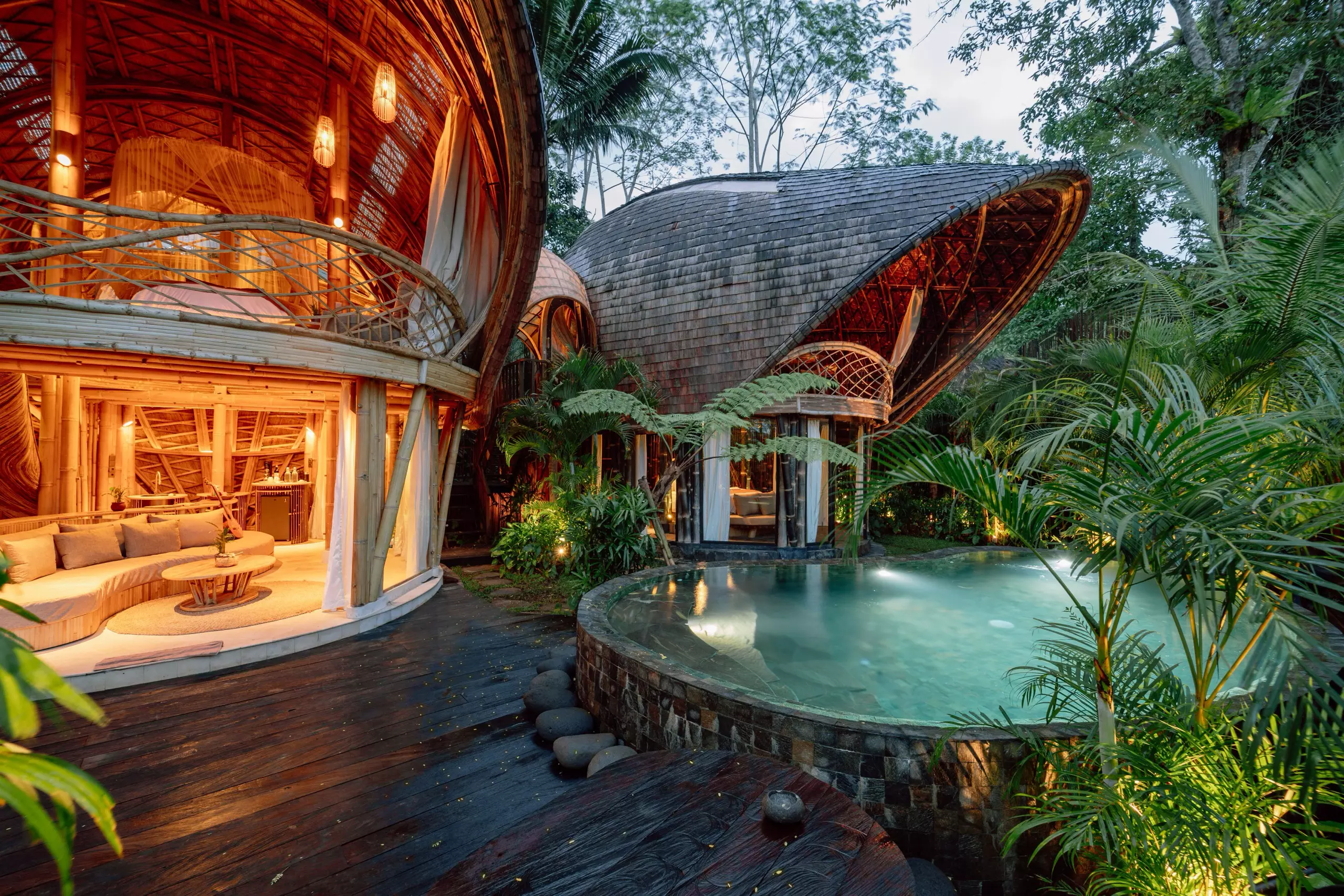 hideout reflection, two connected bamboo houses with a private heated pool, East Bali
